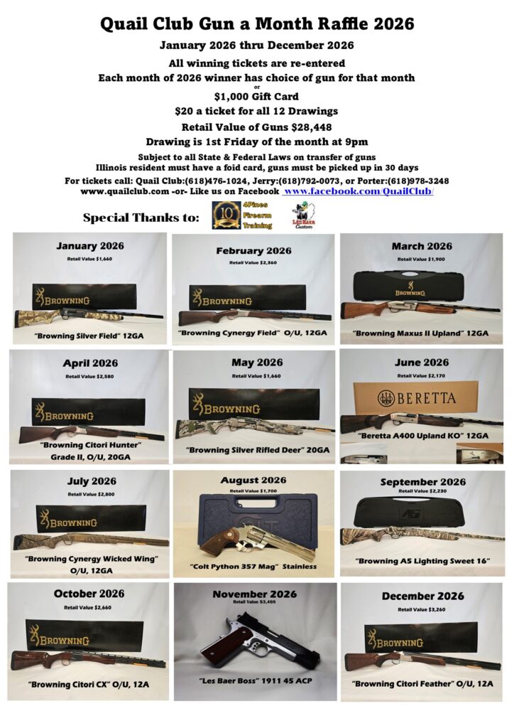Gun raffle poster with monthly prizes, 2026.